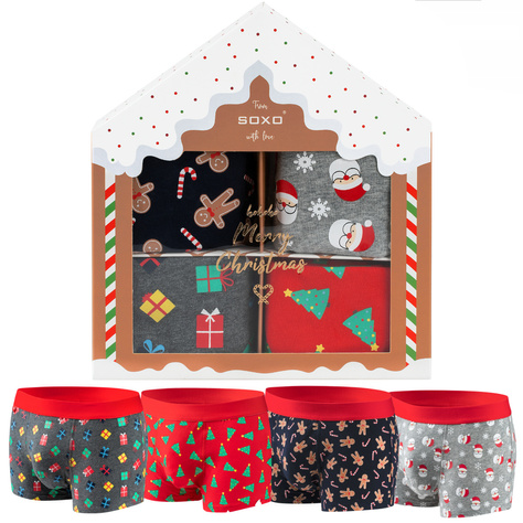 Set of 2 x Christmas houses GOOD STUFF: 4 x men's socks and 4 x men's boxer shorts, Christmas gift for him 