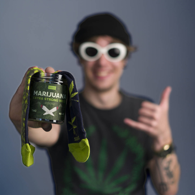 Men's colorful SOXO GOOD STUFF marijuana socks in a jar funny cotton