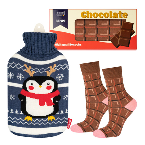 Set of women's socks SOXO chocolate bar and Christmas hot water bottle penguin | Christmas gift