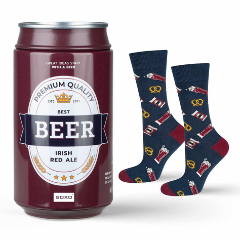 Men's colorful SOXO GOOD STUFF socks funny Irish Red Ale roasted in a can with polish inscriptions