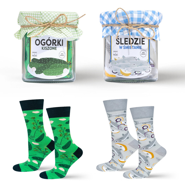 Set of socks in a jar with herring and pickles