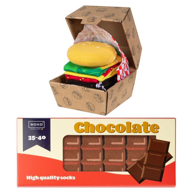 Set of 2x Colorful SOXO women's socks Hamburger in a box and chocolate