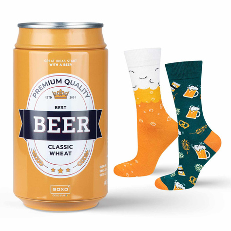 Men's colorful SOXO GOOD STUFF socks, funny classic wheat beer in a tin for a gift with inscriptions