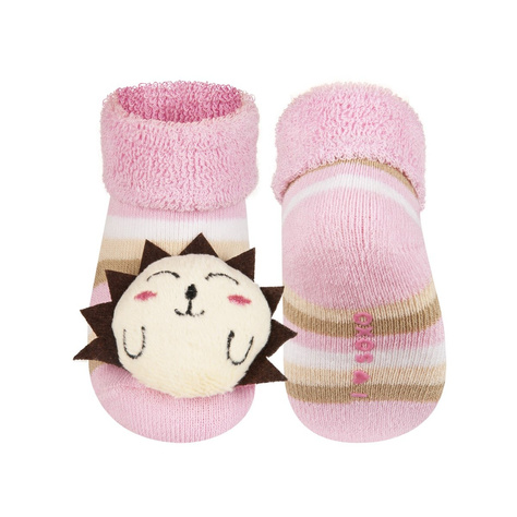 Pink baby SOXO socks with a rattle 3D hedgehog