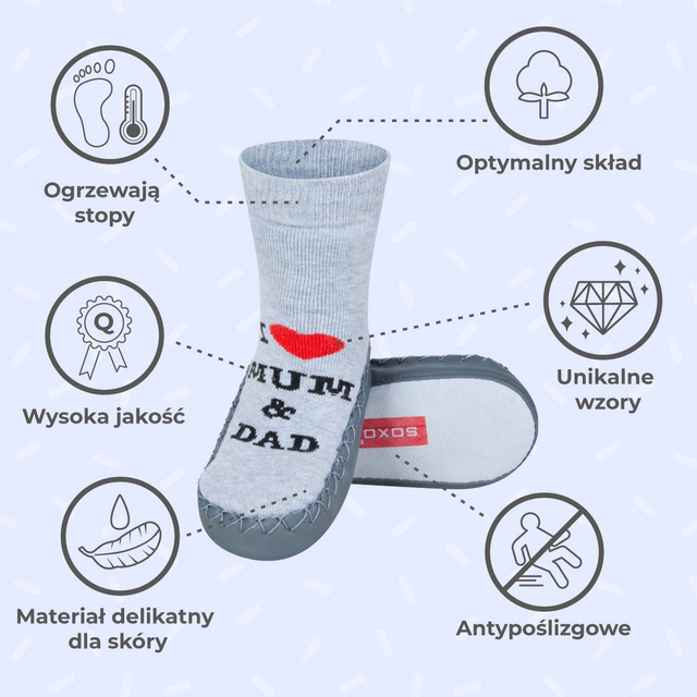 Gray SOXO baby slippers with a leather sole