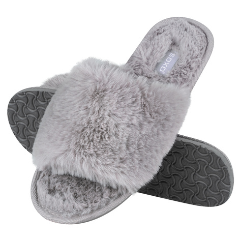 SOXO women's furry grey slippers with TPR hard sole in gift box