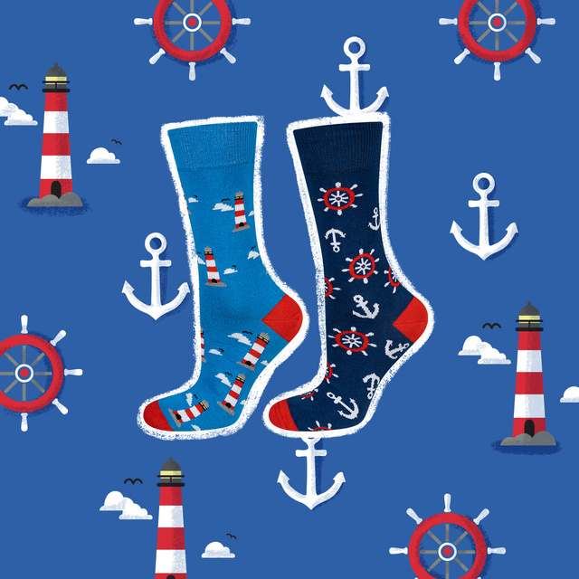 Colorful mismatched SOXO GOOD STUFF socks lighthouse