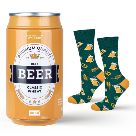 Men's colorful SOXO GOOD STUFF socks funny classic wheat beer roasted in a can with polish inscriptions