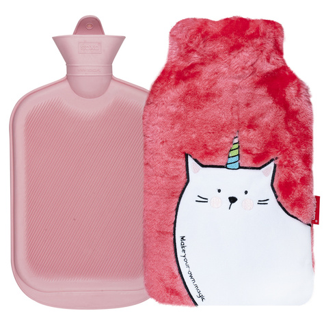 SOXO pink hot water bottle heater with a unicorn cat