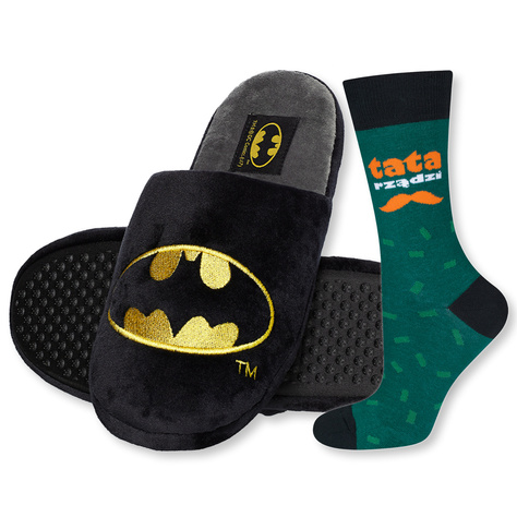 Dad Gift: 1x colorful SOXO men's socks with inscription "Tata Rządzi" and 1x Batman men's slippers | Father's Day gift