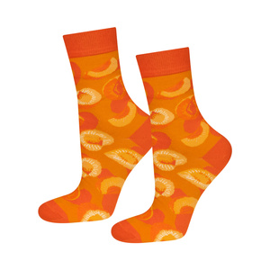 Women's orange SOXO GOOD STUFF socks with apricot jam in a jar