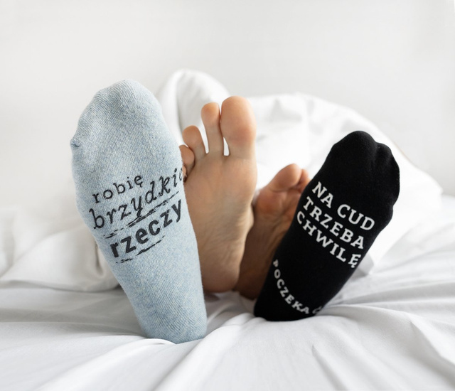 Blue long women's SOXO socks with Polish inscriptions funny cotton terry cloth