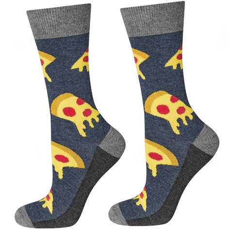 Set of 6x Colorful SOXO GOOD STUFF men's socks in a pizza box