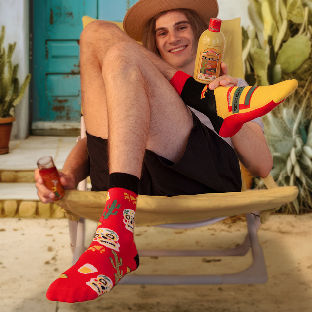 Men's colorful SOXO GOOD STUFF Tequila socks in a bottle gift