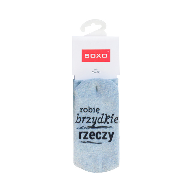 Blue long women's SOXO socks with Polish inscriptions funny cotton terry cloth