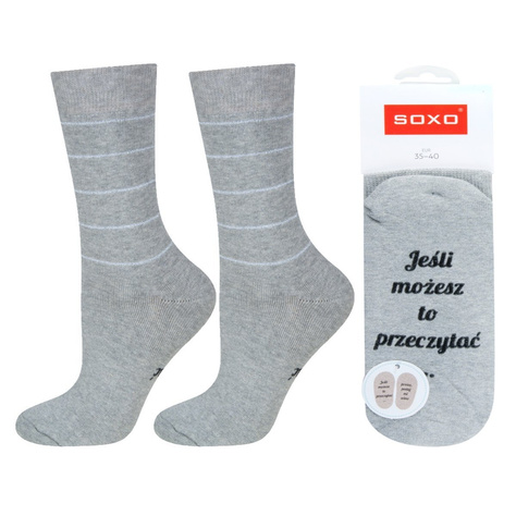 Gray long women's SOXO socks with Polish inscriptions funny terry cotton