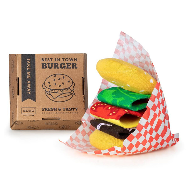 Set of 2x Colorful SOXO women's socks Hamburger in a box and chocolate