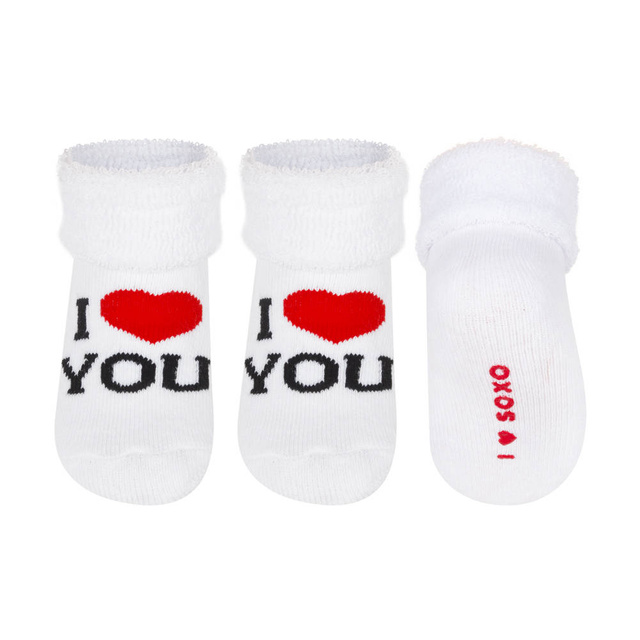 White SOXO baby socks with inscriptions