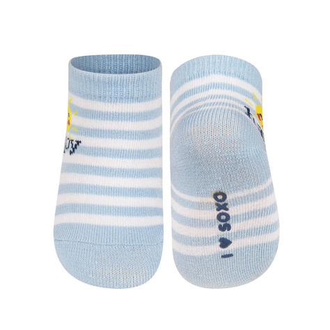 Colorful SOXO baby socks with an inscription