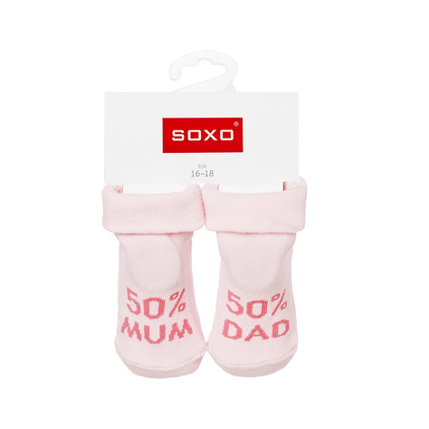 Pink SOXO baby socks with gift inscriptions