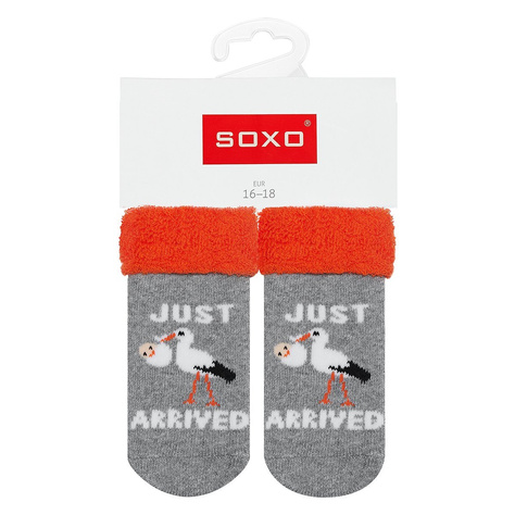 Colorful SOXO baby socks with stork inscriptions "Just arrived"