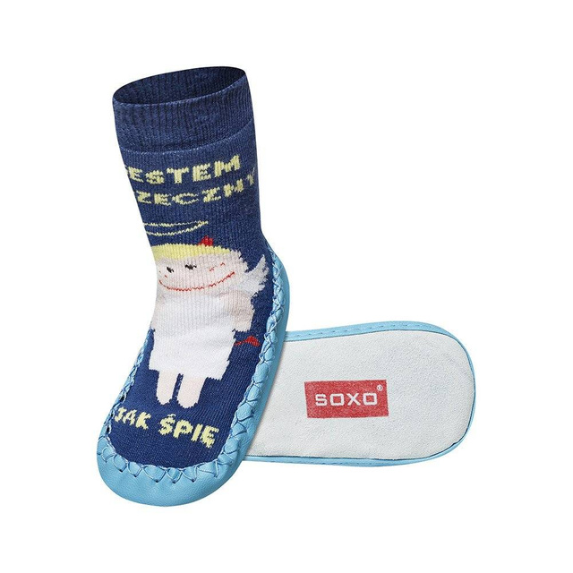 OUTLET Kapcie dziecięce niebieskie SOXO ze skórzaną podeszwą aniołek