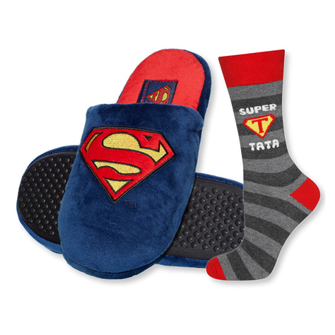 Dad Gift: 1x colorful SOXO men's socks with inscription "Super Tata" and 1x Superman men's slippers | Father's Day gift