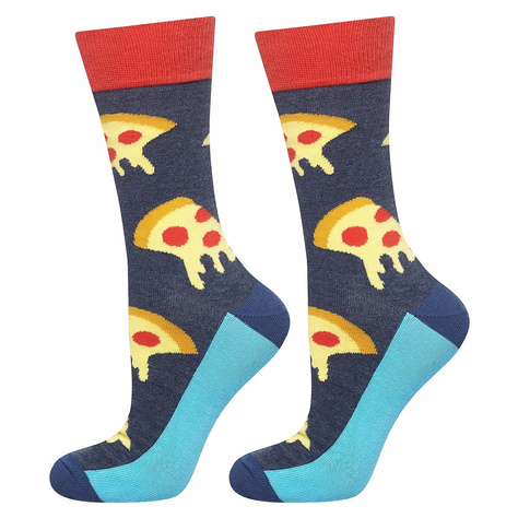 Set of 6x Colorful SOXO GOOD STUFF men's socks in a pizza box