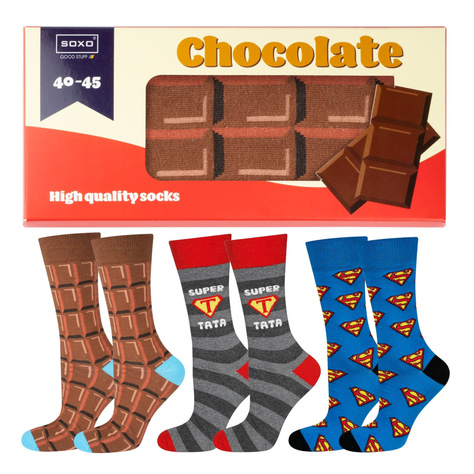 Gift for Dad: 1x Men's Socks Colorful SOXO Chocolate and 1x Men's Socks with the inscription "Super Tata" and 1x Superman Men's Socks