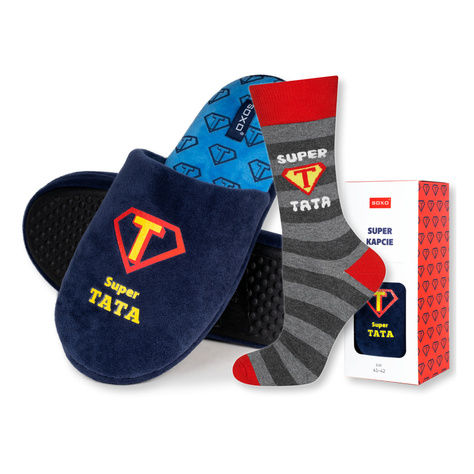 Dad Gift: 1x colorful SOXO men's socks and 1x men's slippers with inscriptions "Super Tata" | Father's Day gift