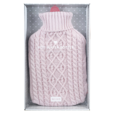 SOXO pink hot water bottle warmer in a sweater