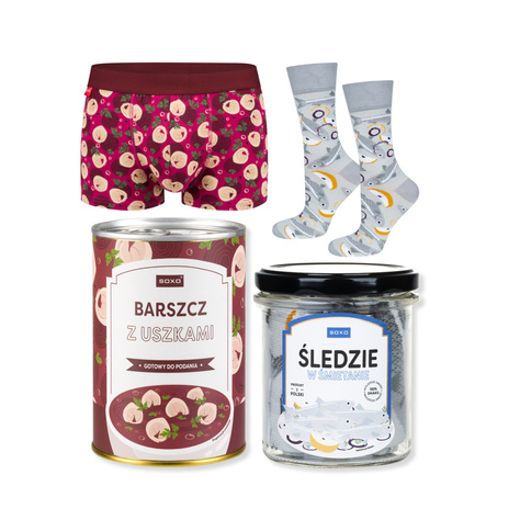 Men's boxer shorts canned red borscht and socks herring in cream in a jar SOXO | Gift for a man | Gift for Christmas