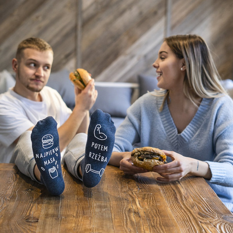 Navy blue men's socks SOXO with funny polish inscriptions gift 