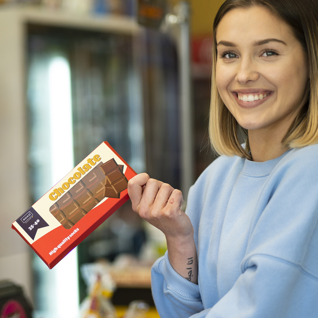 Funny women's socks SOXO GOOD STUFF chocolate bar for a gift