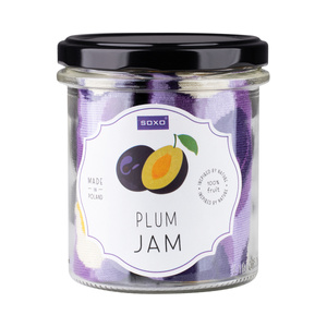 Women's pink SOXO GOOD STUFF socks with plum jam in a jar