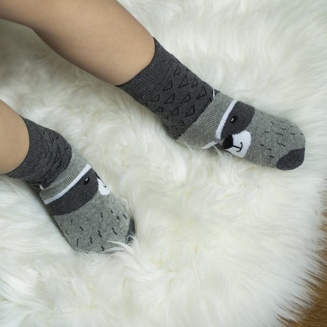 Gray children's socks SOXO cheerful, warm terry raccoon
