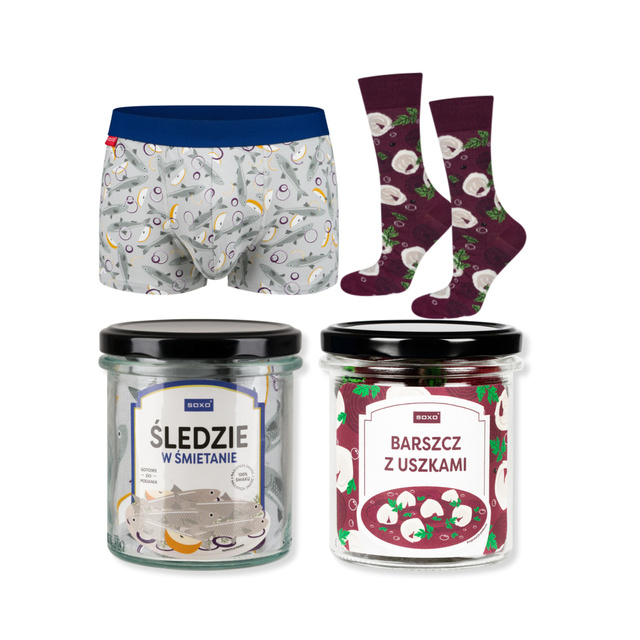 Men's boxer shorts herring in cream in a jar and red borscht socks in a jar SOXO | Gift for a man | Gift for Christmas