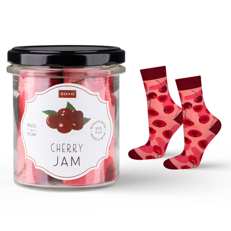 Women's pink SOXO GOOD STUFF socks with cherry jam in a jar