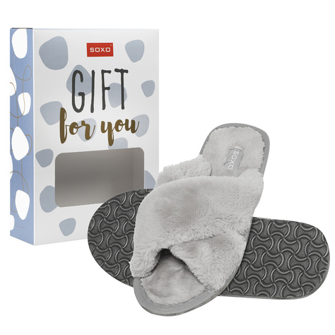 Women's slippers SOXO fur gray with a hard TPR sole, packed in a gift box