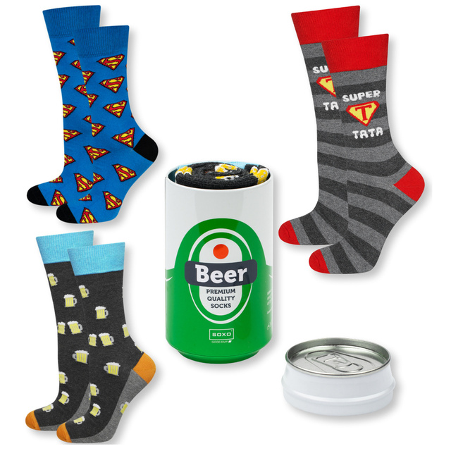 Gift for Dad: 1x Men's Socks Colorful SOXO Beer and 1x Men's Socks With The Inscription "Super Tata" and 1x Superman Men's Socks