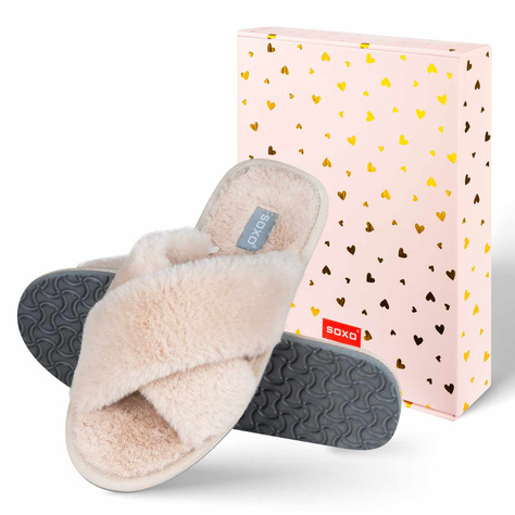 SOXO women's soft beige slippers in gift box with stickers