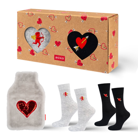 Set: Men's and Women's Socks Soxo and Valentine's Hot Water Bottle in Packaging