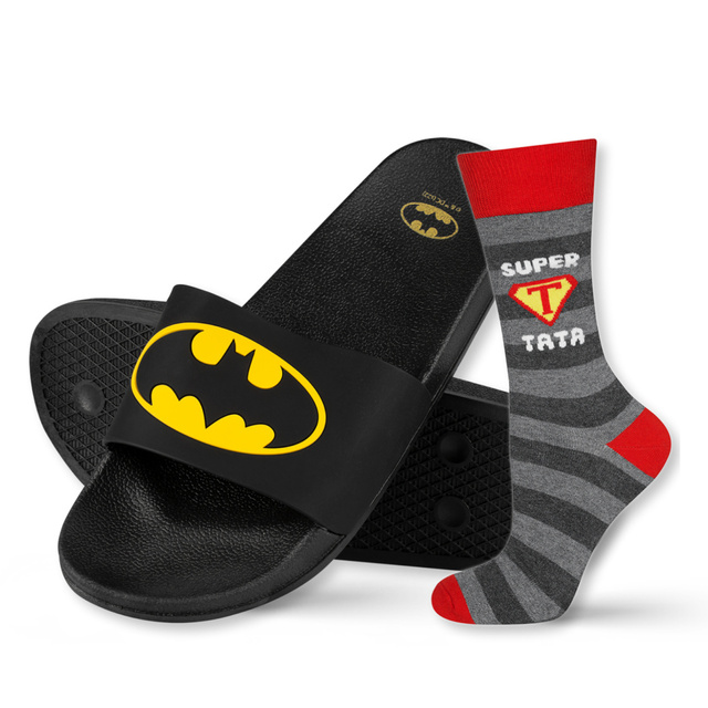 Prezent dla Taty: 1x Skarpetki Męskie Kolorowe SOXO z napisem "Super Tata" i 1x Klapki Męskie Batman | prezent na Dzień Ojca