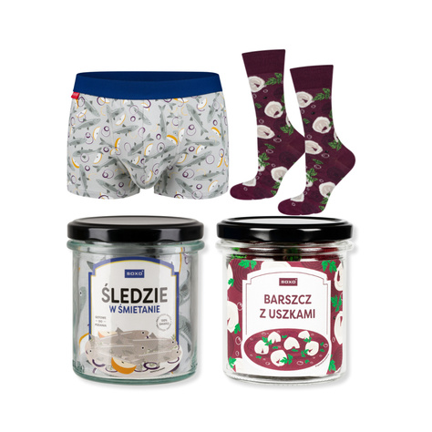 Men's boxer shorts herring in cream in a jar and red borscht socks in a jar SOXO | Gift for a man | Gift for Christmas