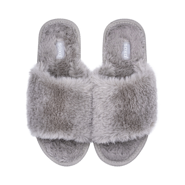 SOXO women's furry grey slippers with TPR hard sole in gift box