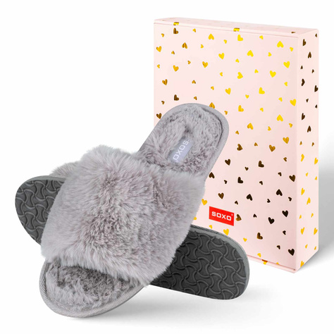 SOXO women's furry grey slippers with TPR hard sole in gift box