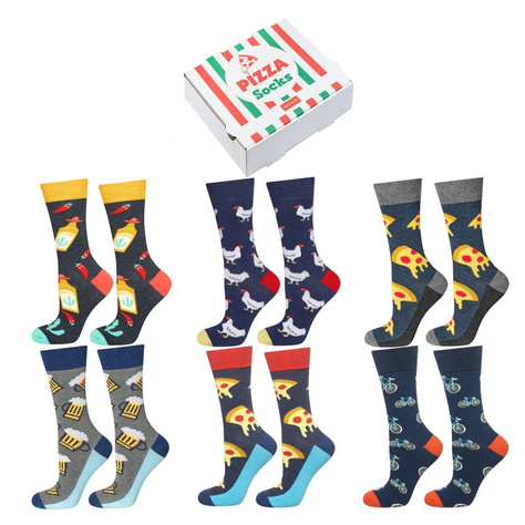 Set of 6x Colorful SOXO GOOD STUFF men's socks in a pizza box