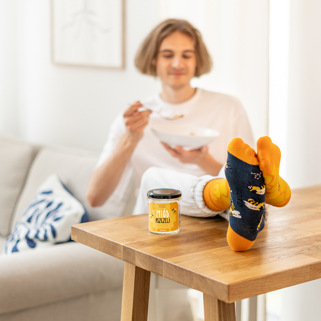 Men's colorful SOXO GOOD STUFF socks with funny cotton honey in a jar