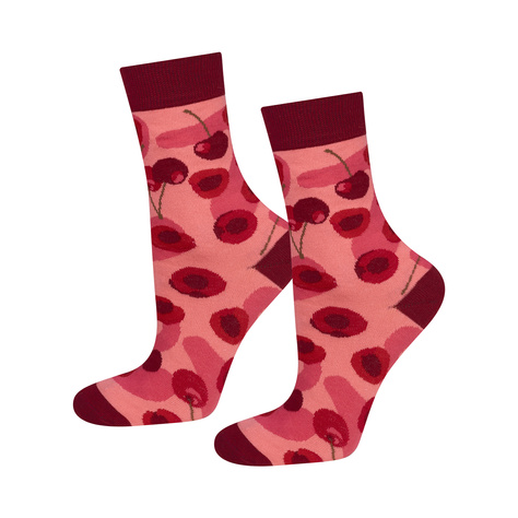 Women's pink SOXO GOOD STUFF socks with cherry jam in a jar