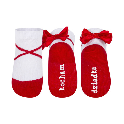 Red SOXO baby socks ballerinas with an inscription